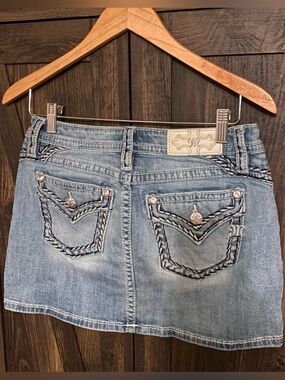 Miss Me Light Blue Denim Mini Skirt with Braided Pocket Detail